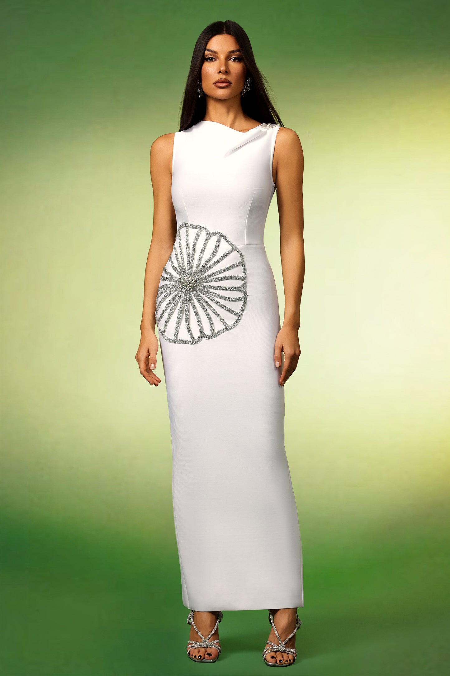 Vestido Maxi Marlina Sem Mangas com Flores em Diamante