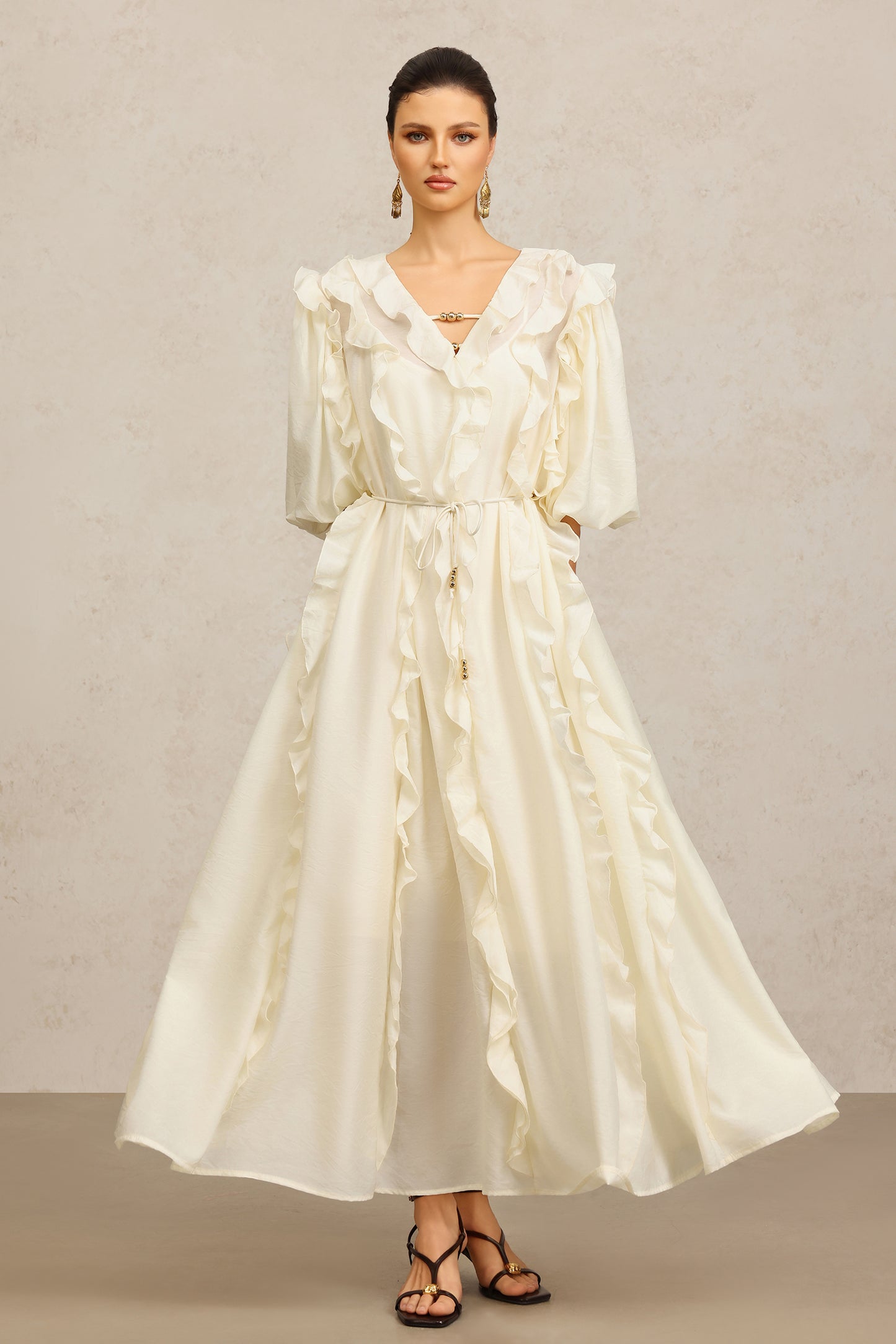 Vestido Maxi Wika com Decote em V e Mangas 3/4
