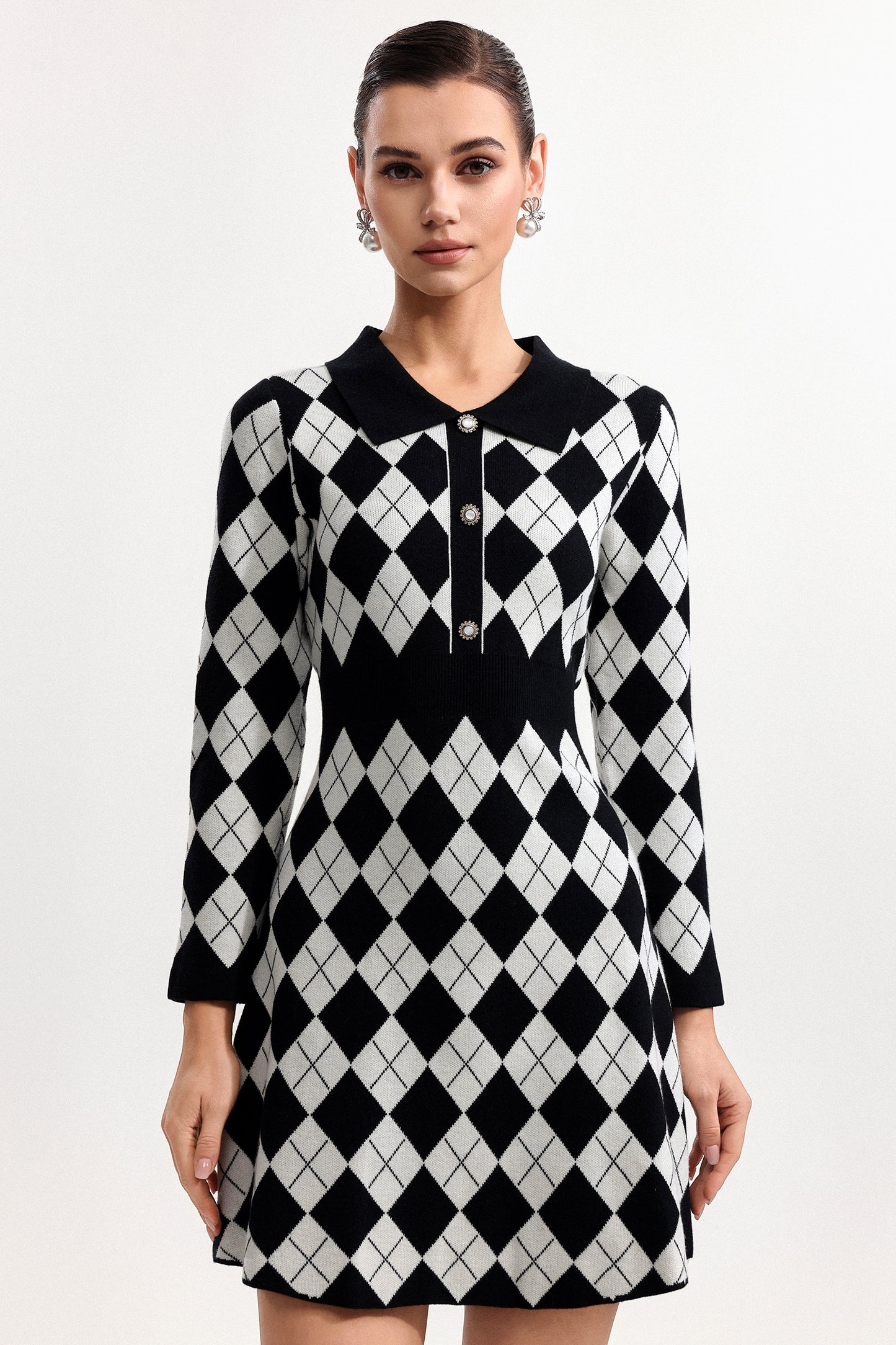 Vestido Mini Deirdre Manga Longa em Tricô Argyle