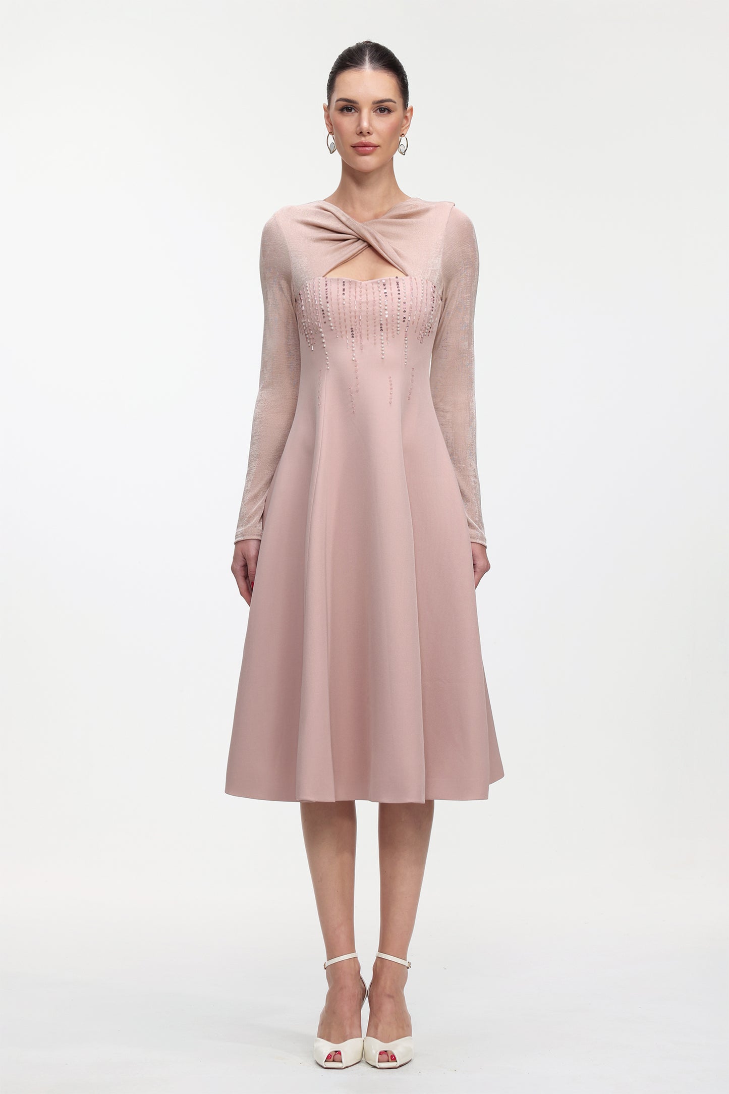 Vestido Maxi Liama em Trama Cristalizada Manga Longa