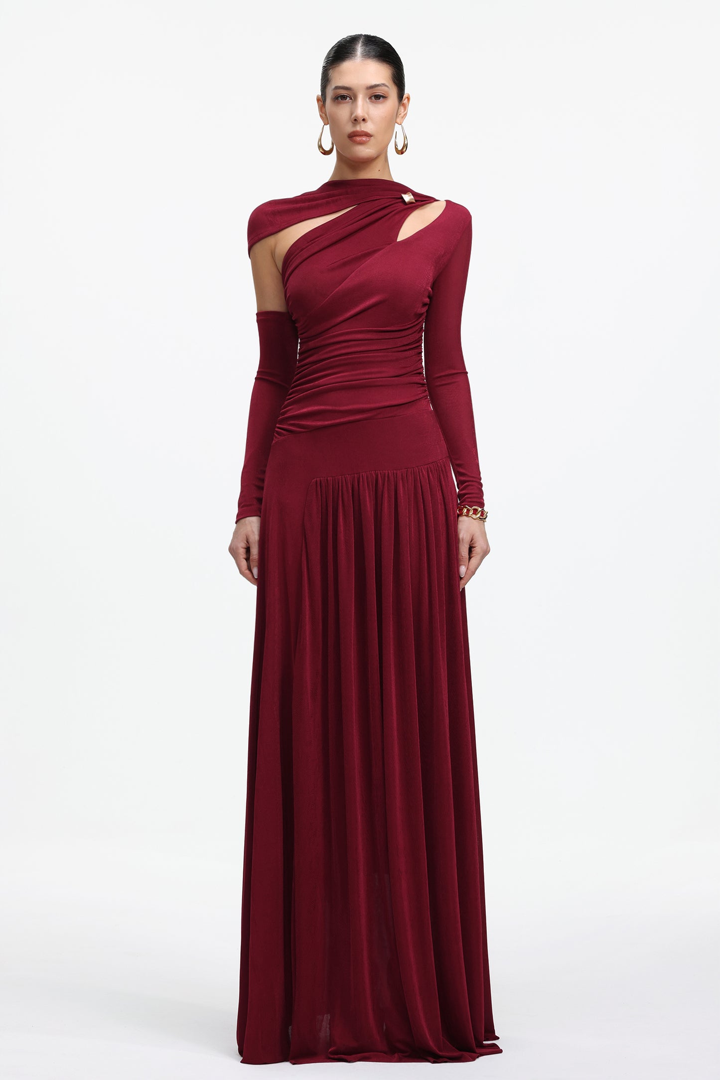 Vestido Maxi Yetta com Decote Vazado e Manga Longa