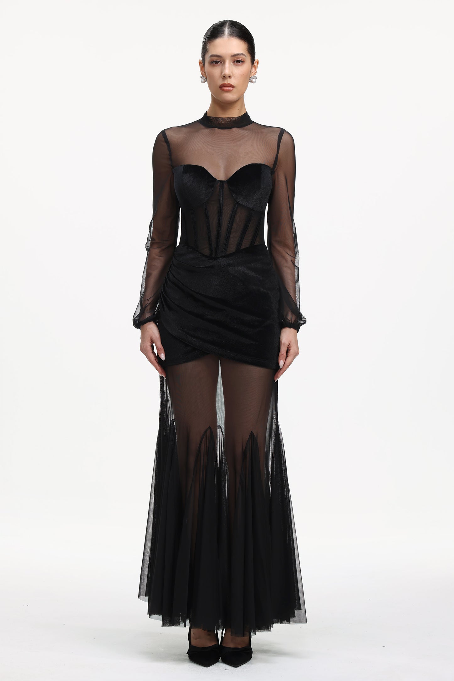 Vestido Maxi Molia Veludo com Mesh Manga Longa