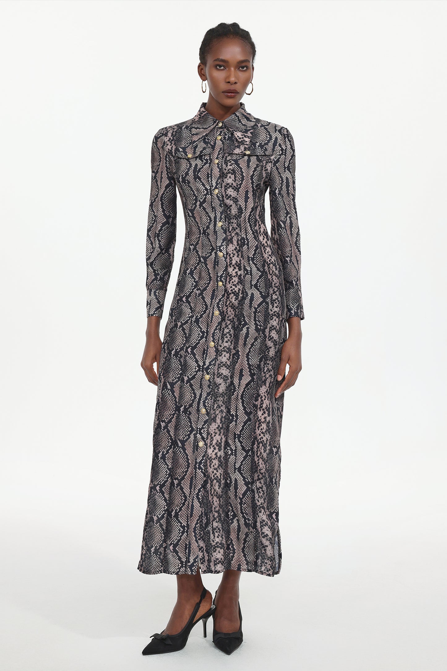 Vestido Maxi Tinnie Elegant Manga Longa Tecido Padronagem Cobra