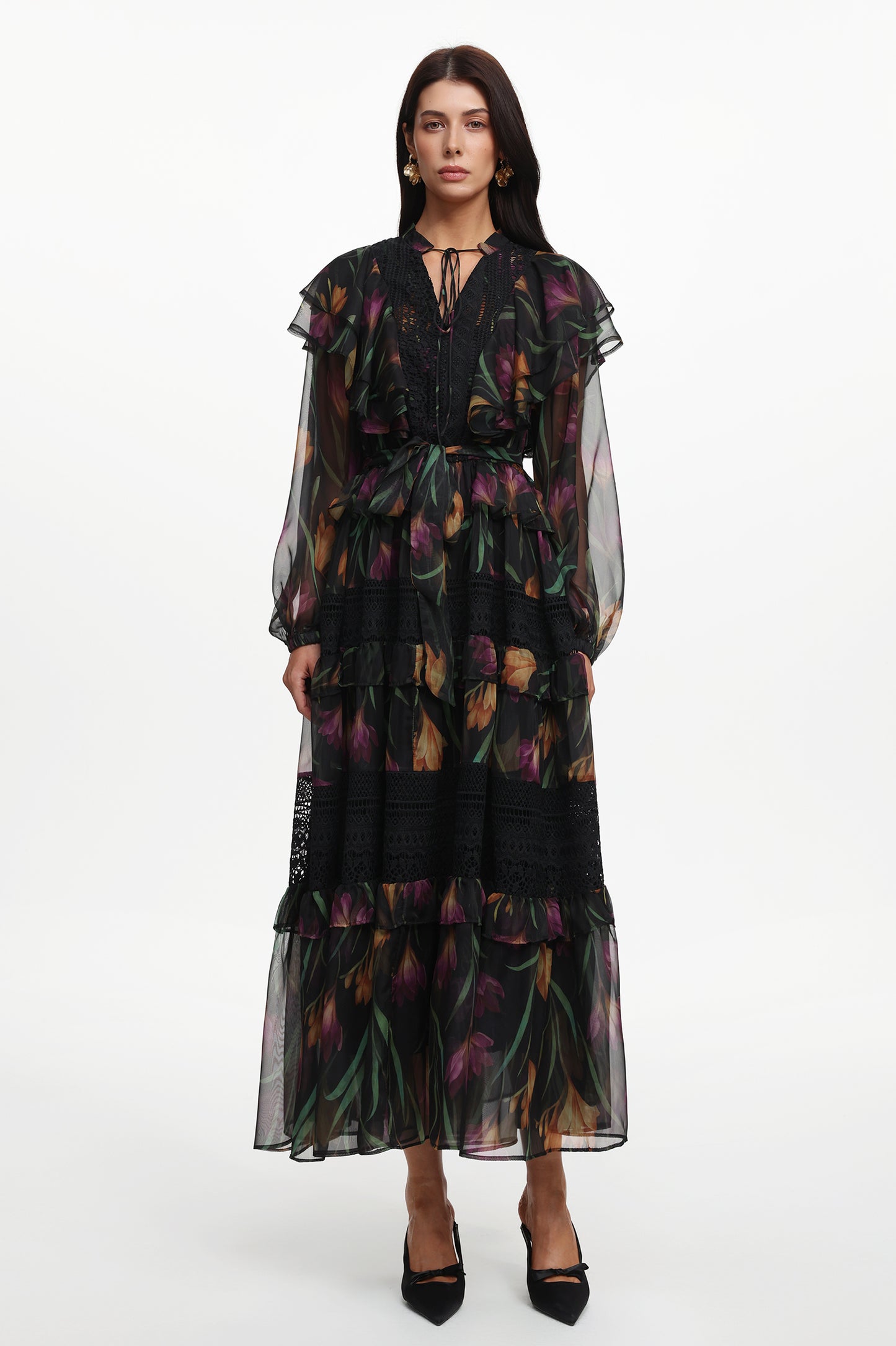 Vestido Longo Gilian Resort em Tecido com Estampa Floral e Babado