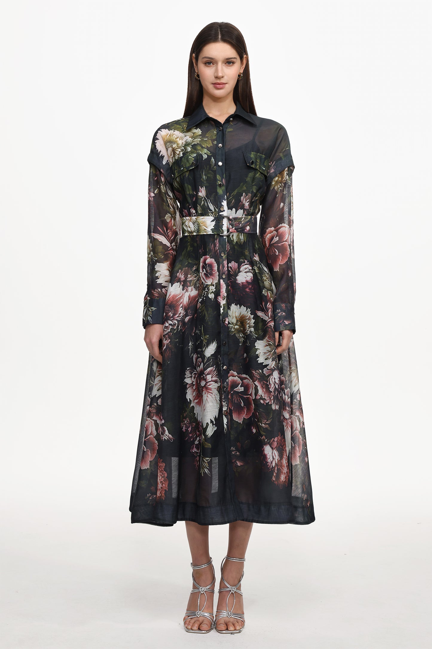 Vestido Maxi Frida Manga Longa Estampa Floral Tecido Preto