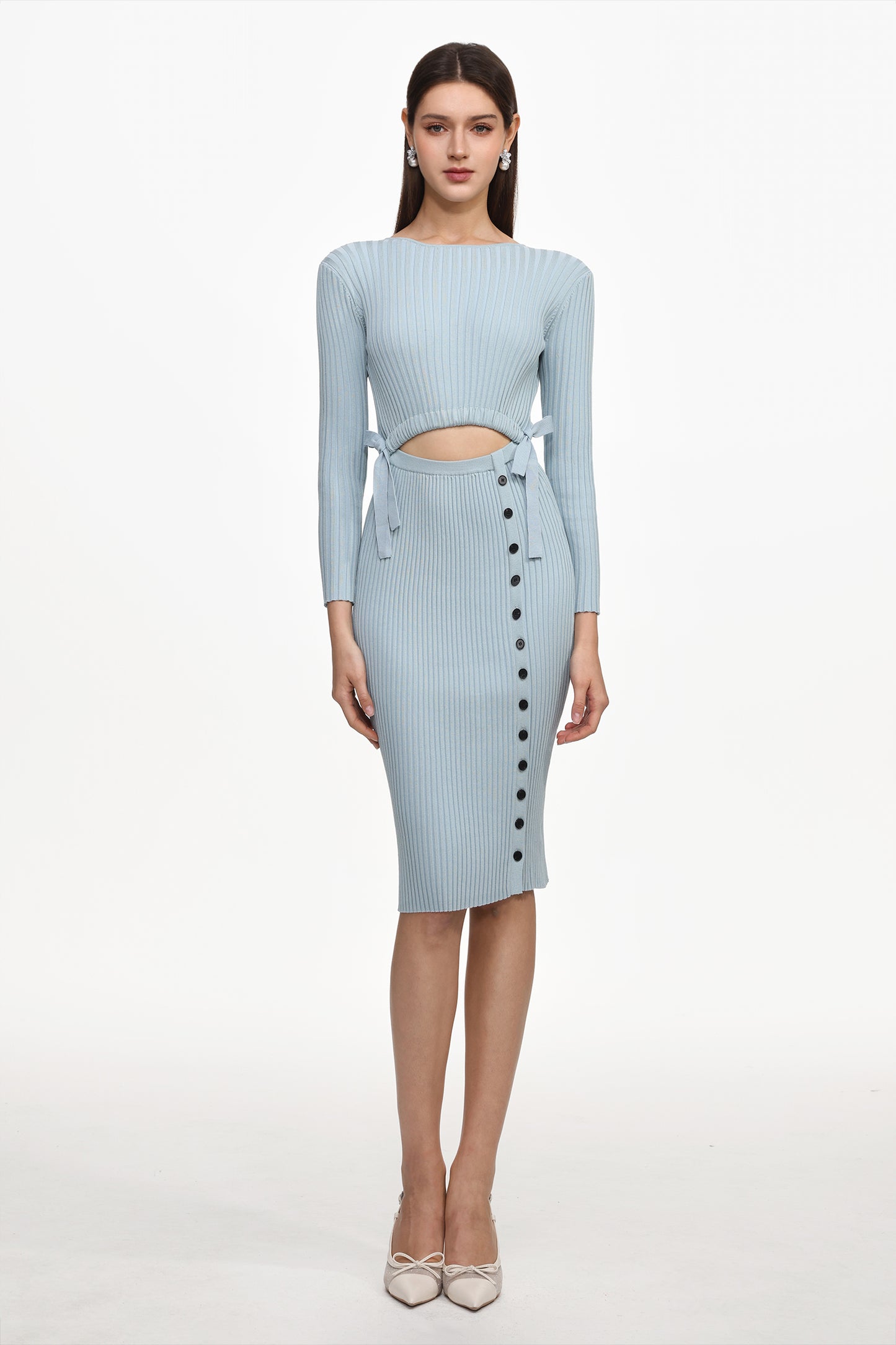 Vestido Midi Viomo em Tricô com Botões
