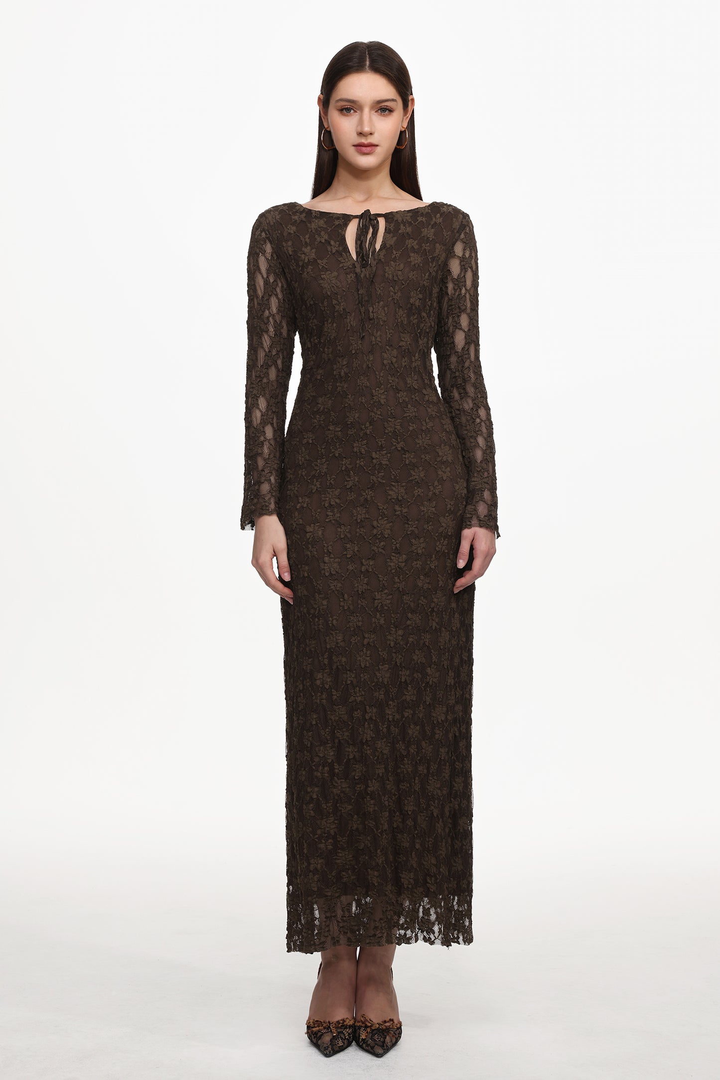 Vestido Maxi Kyli com Renda e Manga Longa