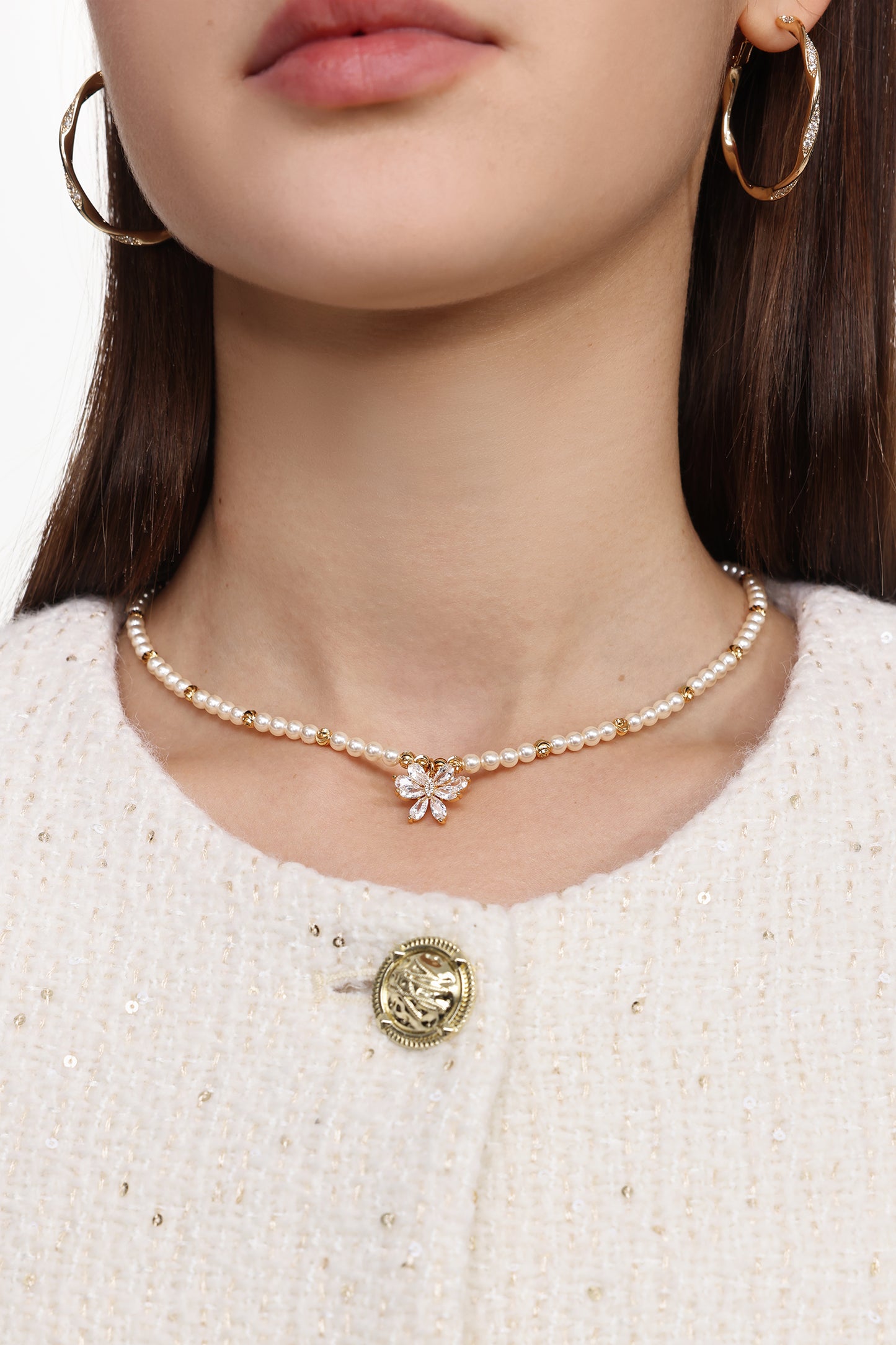 Colar Peggie com Pérola, Diamante e Flor