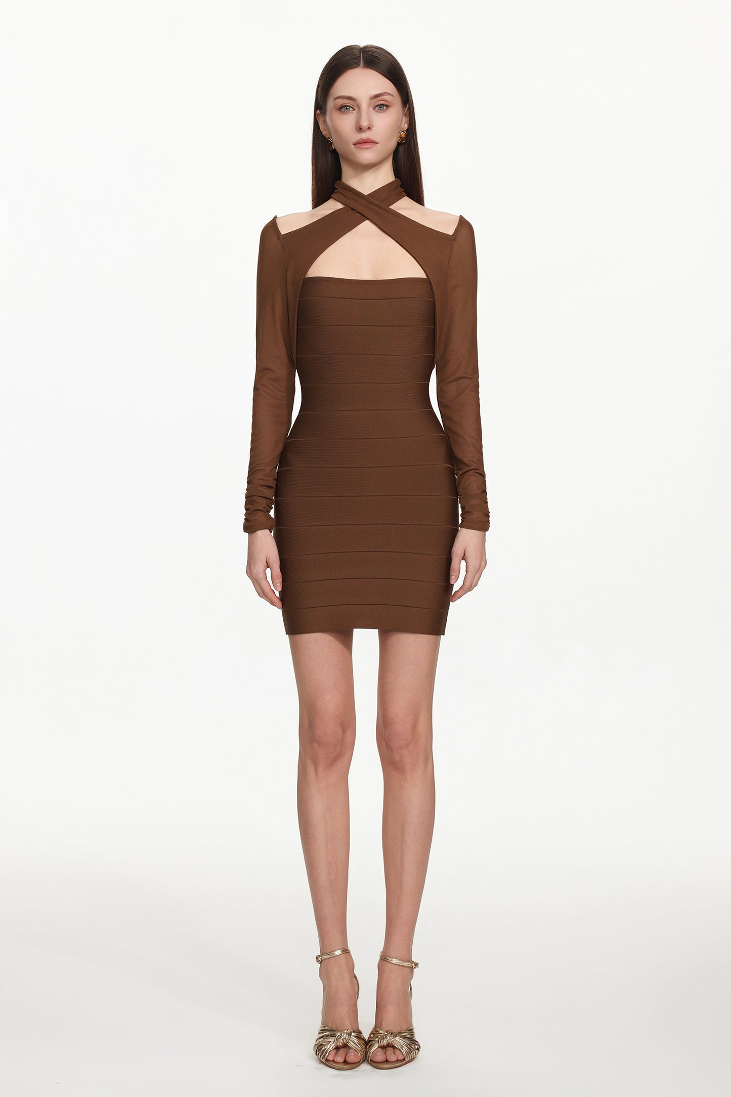 Vestido Mini Estrela Bandage com Sobreposição e Manga Longa