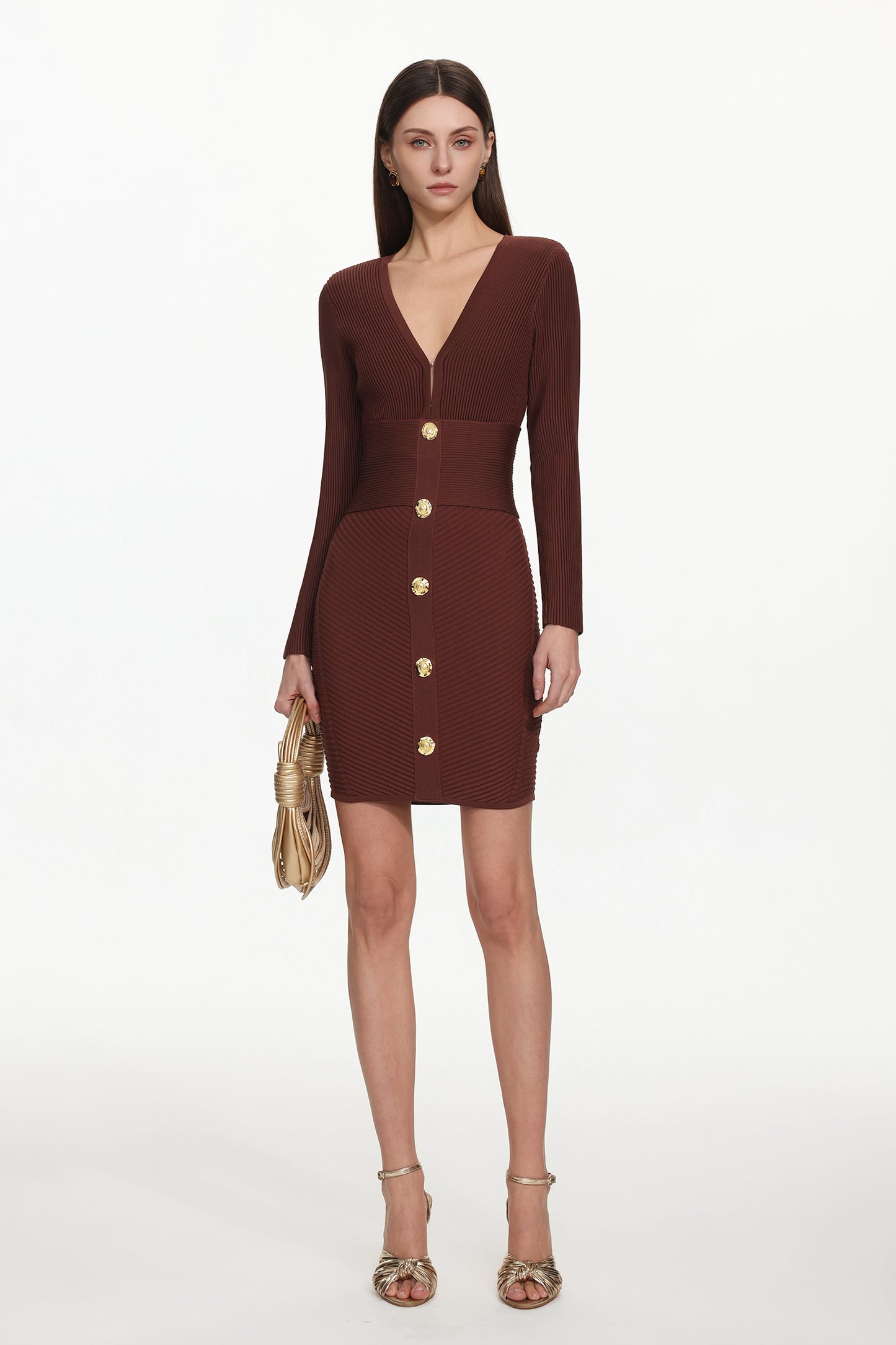 Vestido Midi Davo em Tricô com Decote V e Botões