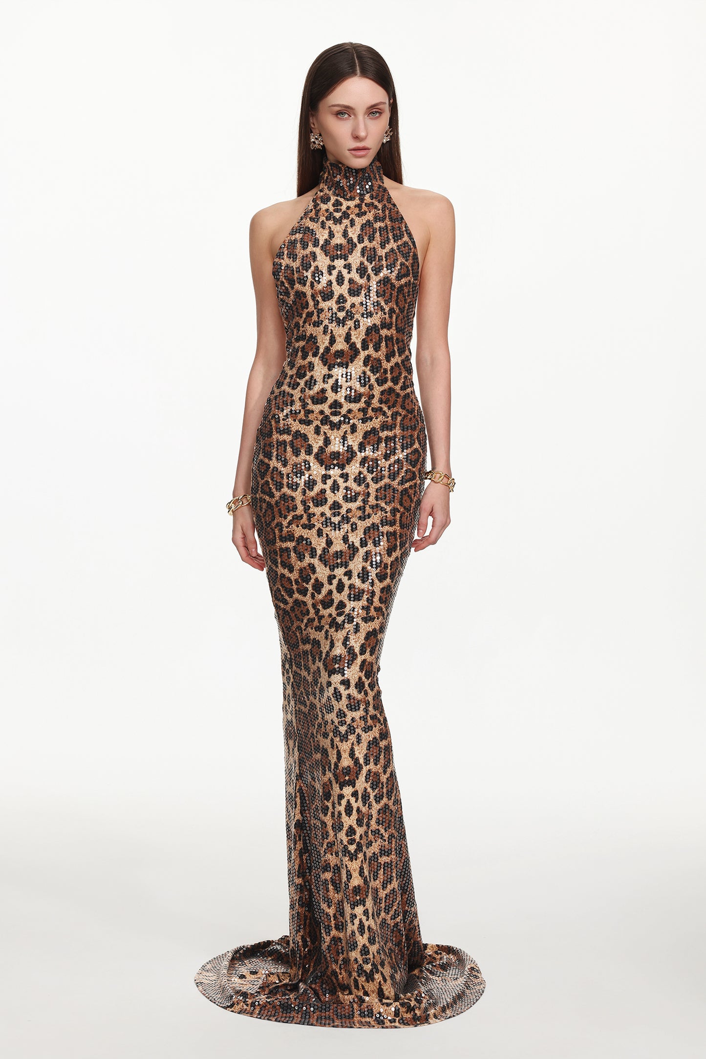 Vestido Maxi Myka em Paetê com Estampa Animal Print e Decote Halter