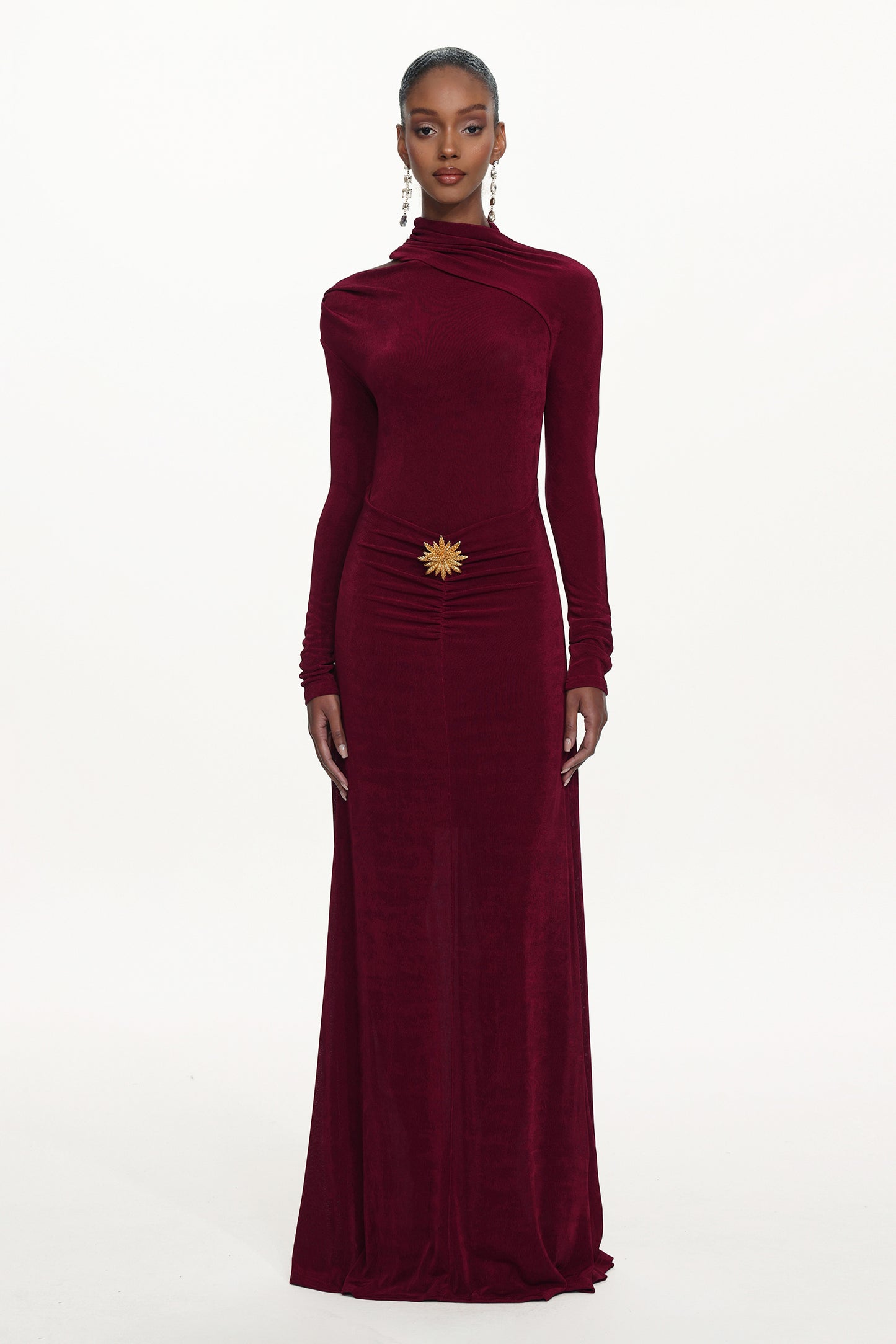 Vestido Maxi Faithe em Tricô Franzido com Manga Longa