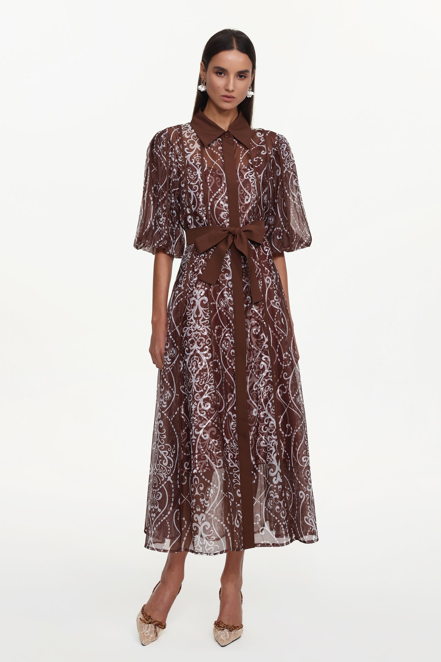 Vestido Maxi Vakana Resort Manga Bufante Floral em Tecido Marrom