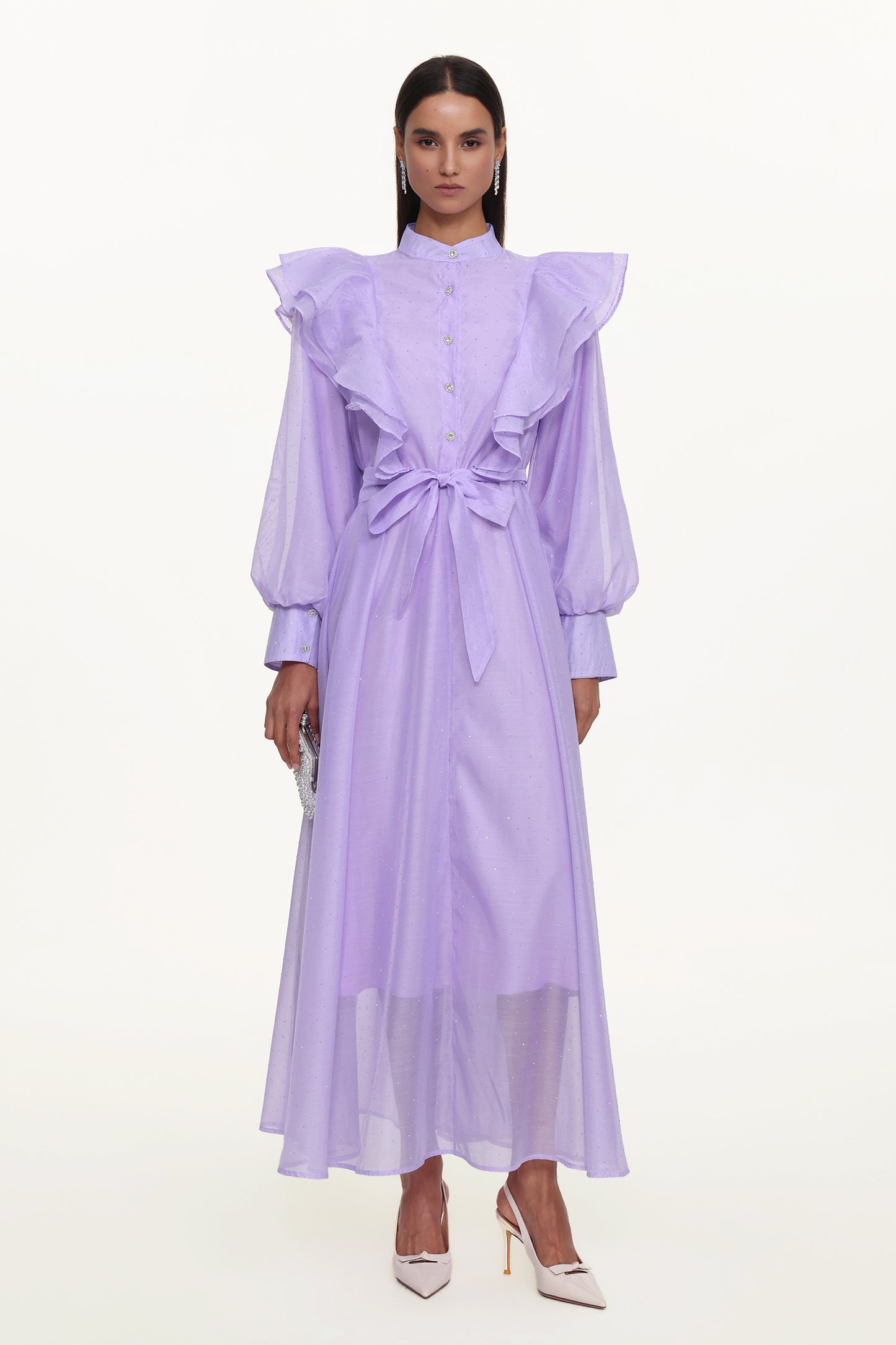 Vestido Longo Hattie Resort com Manga Bufante, Babado e Detalhes em Strass