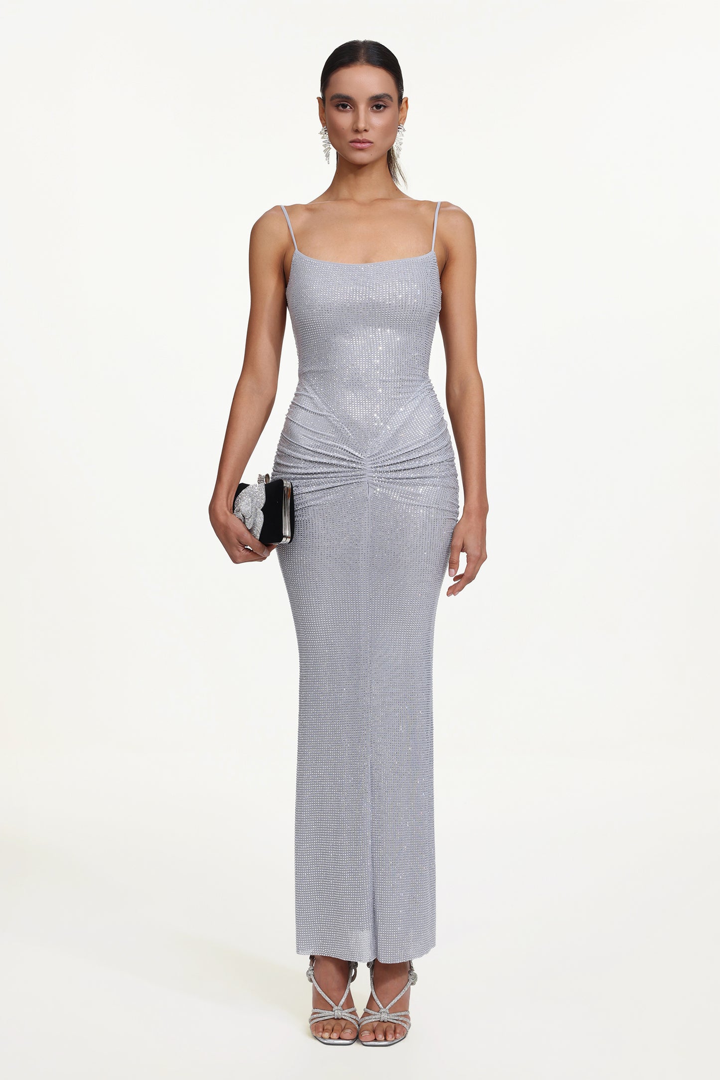 Vestido Maxi Rcia Chic Sem Alças com Franzido e Cristais