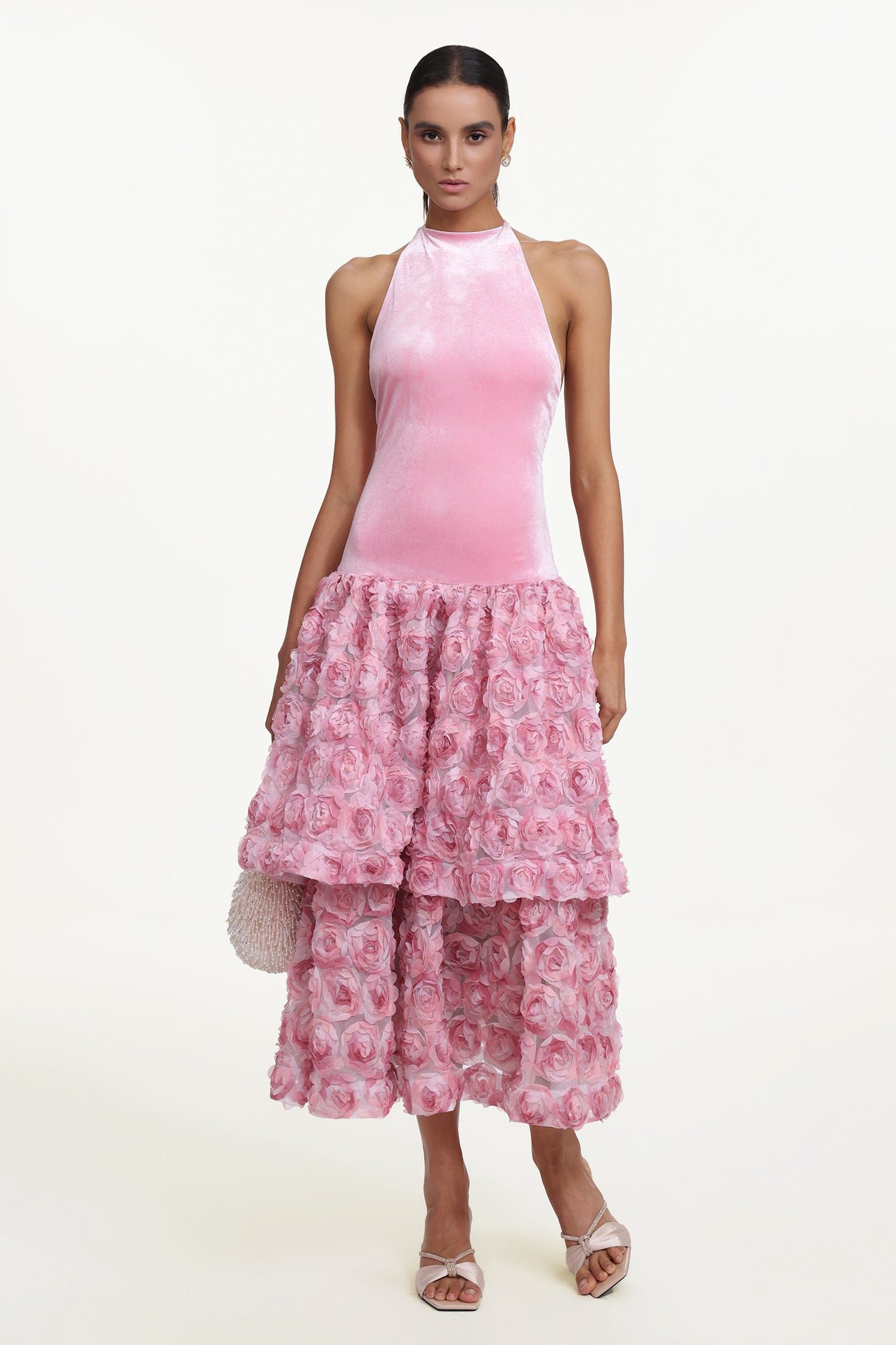 Vestido Maxi Gunnhild Romântico Halter com Veludo Floral