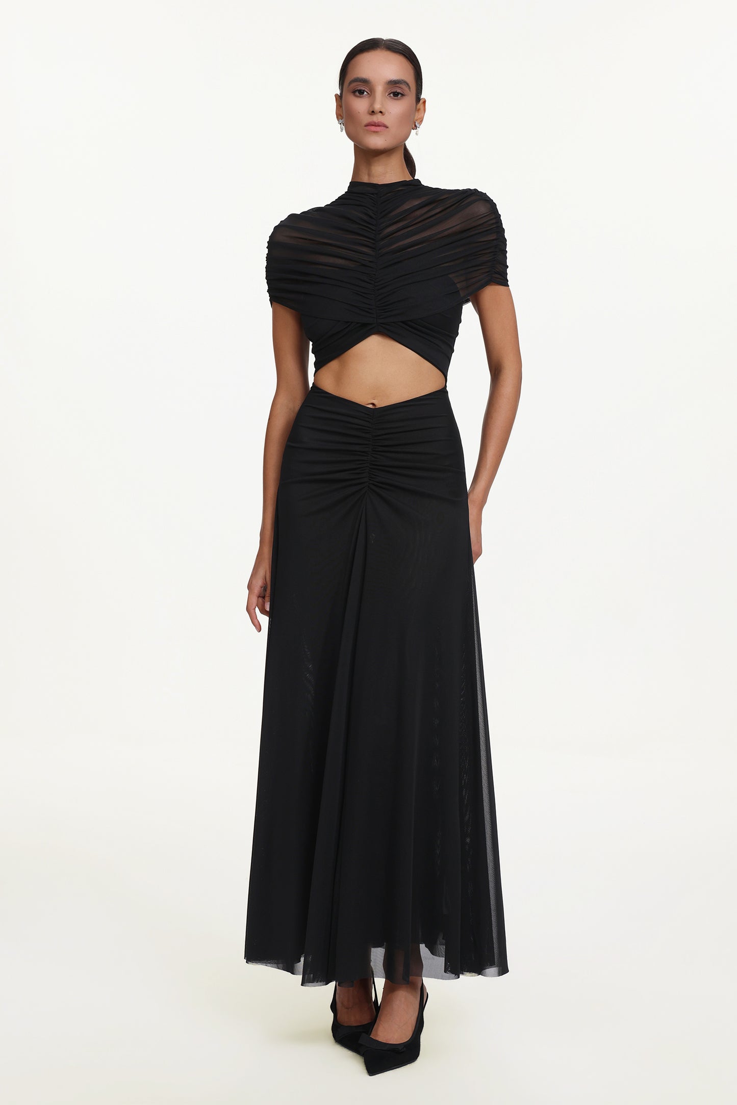 Vestido Maxi Iaka Chic com Recorte e Mesh Franzido