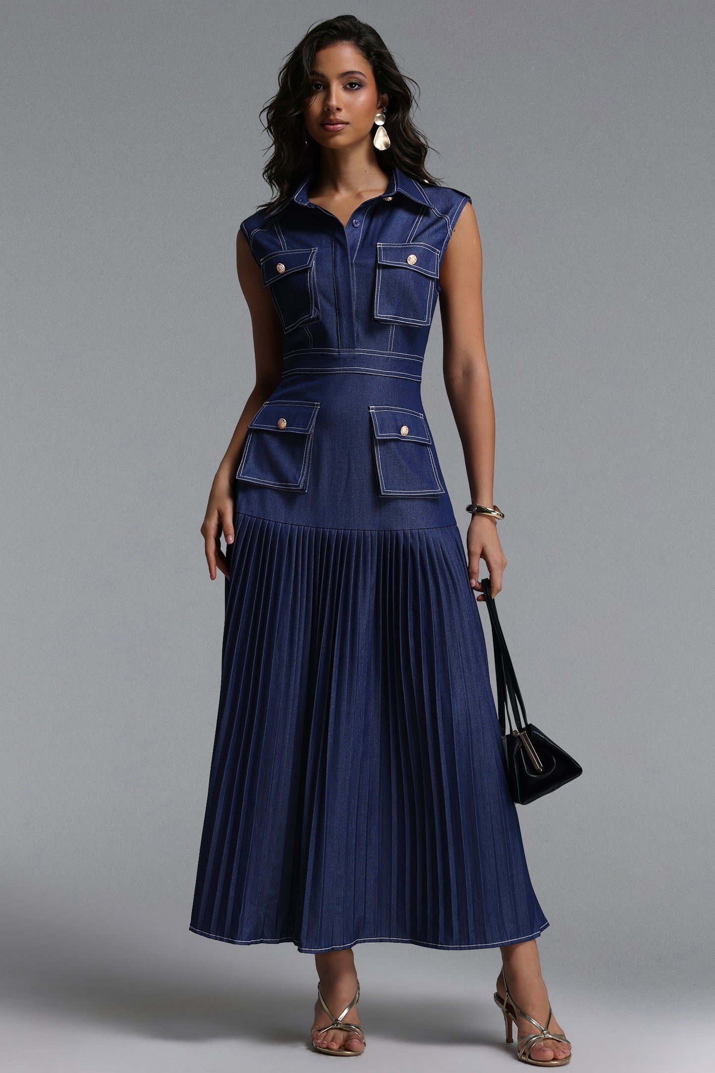 Vestido Maxi Jouy em Jeans Plissado Elegante Sem Mangas