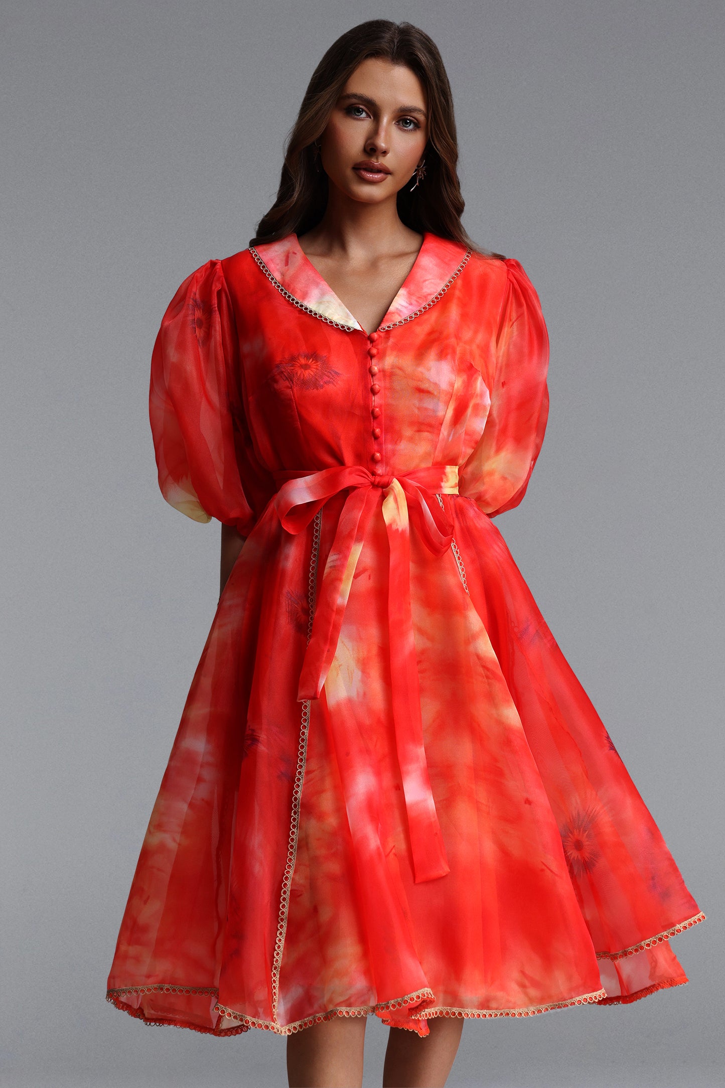Vestido Mini Derya Resort Manga Bufante com Estampa em Organza