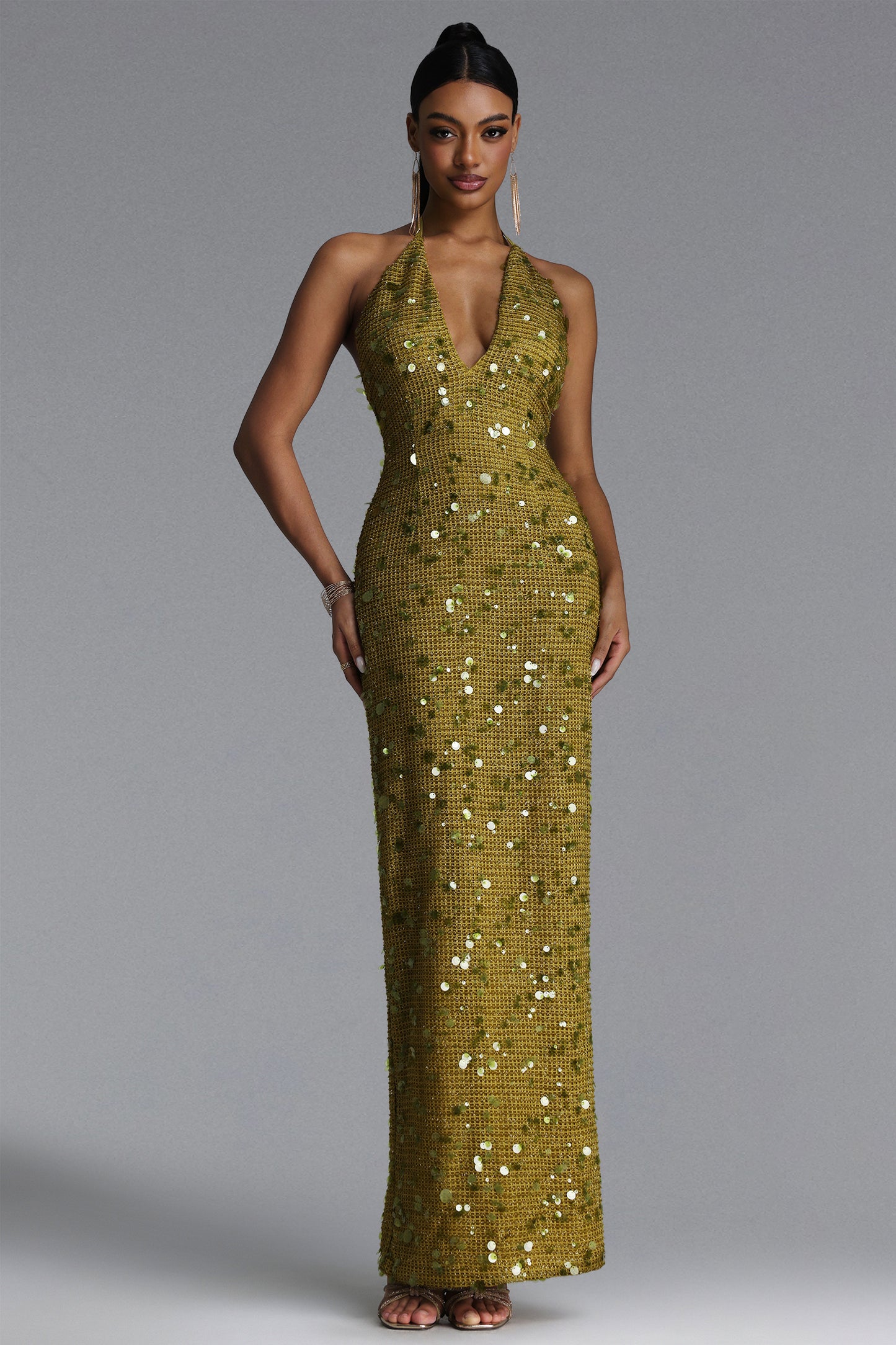 Vestido Maxi Mitzi com Paetê e Decote V