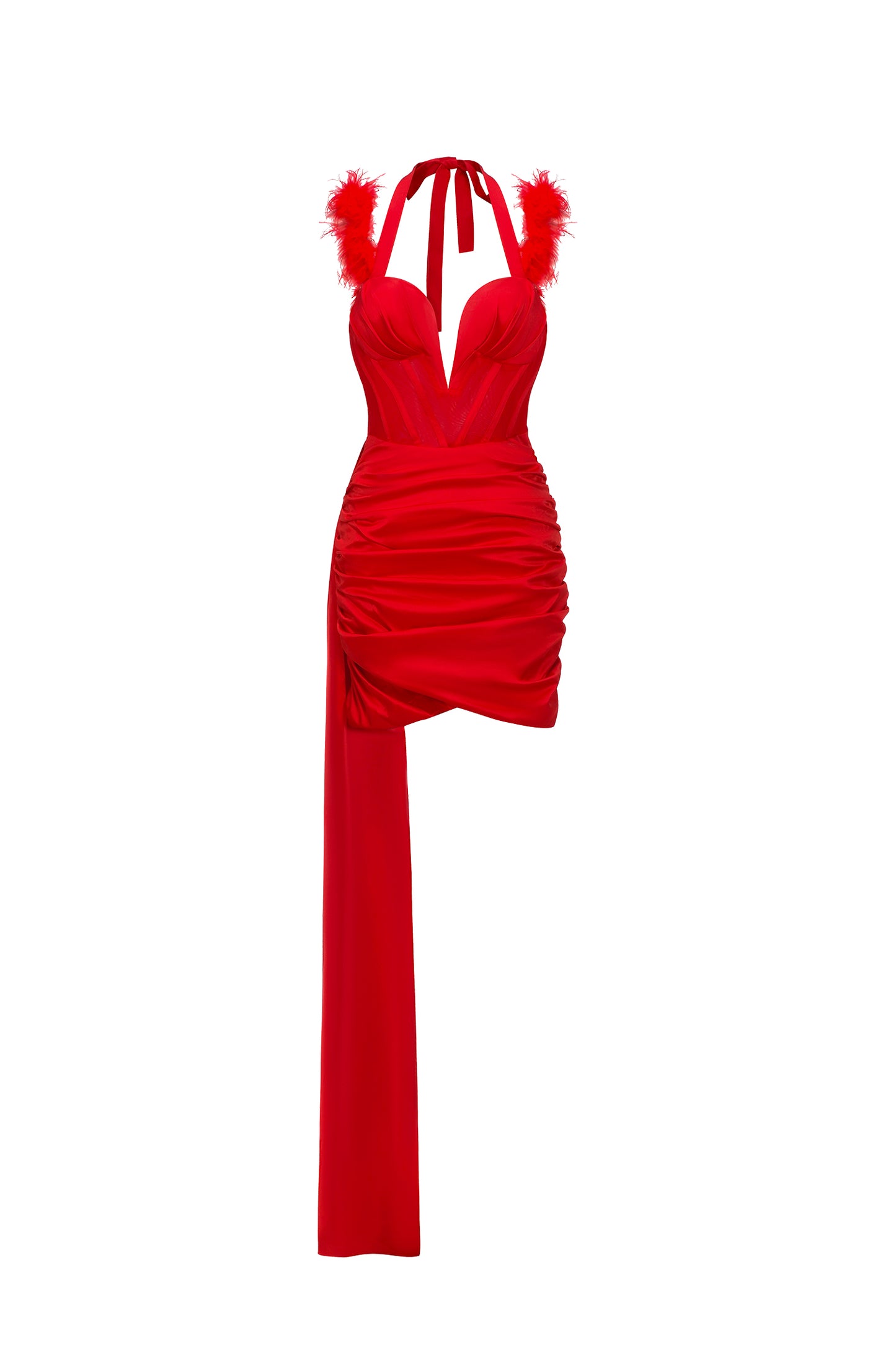 Halter Lala Vestido Curto Cetim com Penas — Vermelho