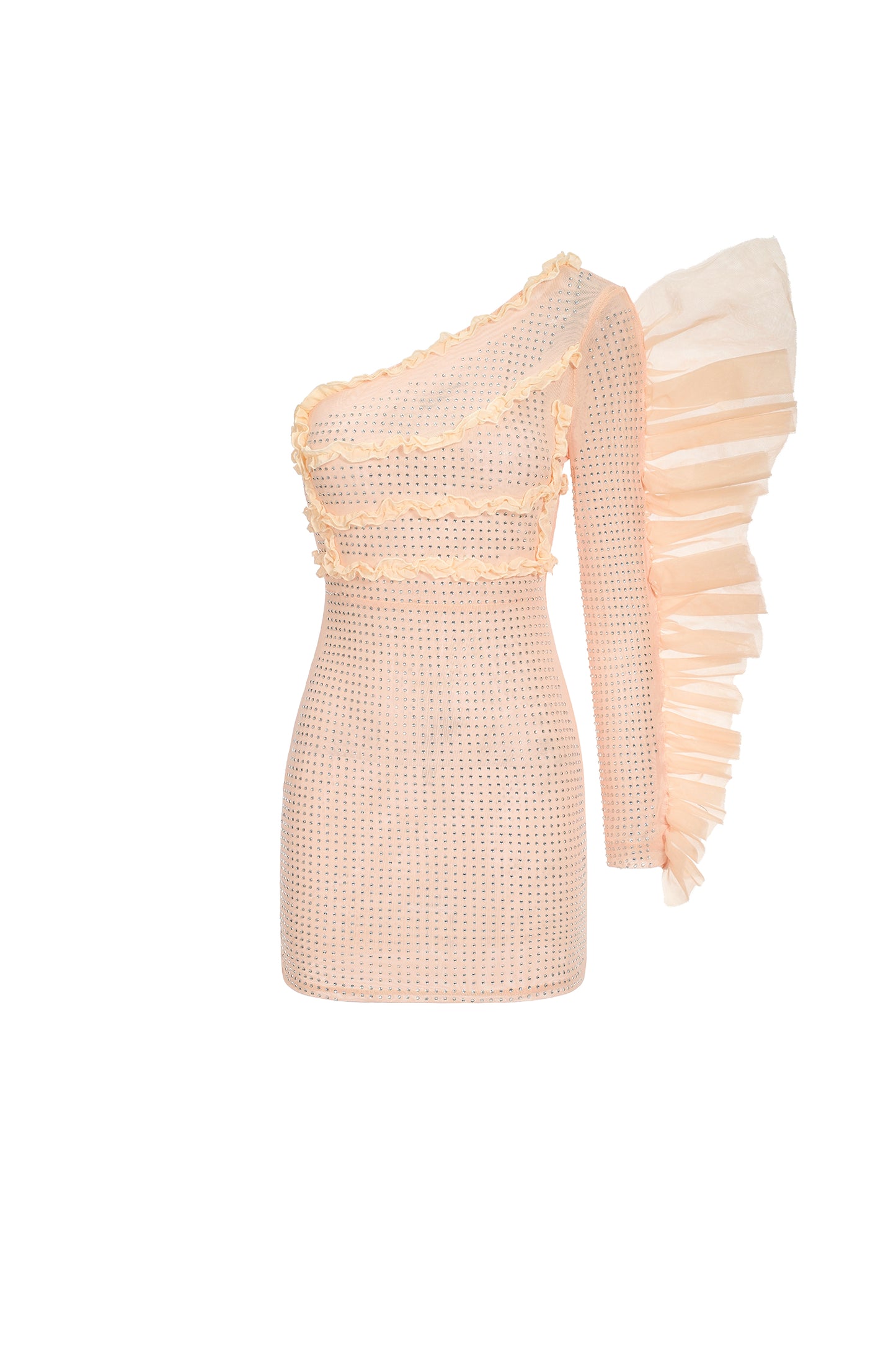 Mini Dress Skyler Uma Manga com Babado e Strass - Bege