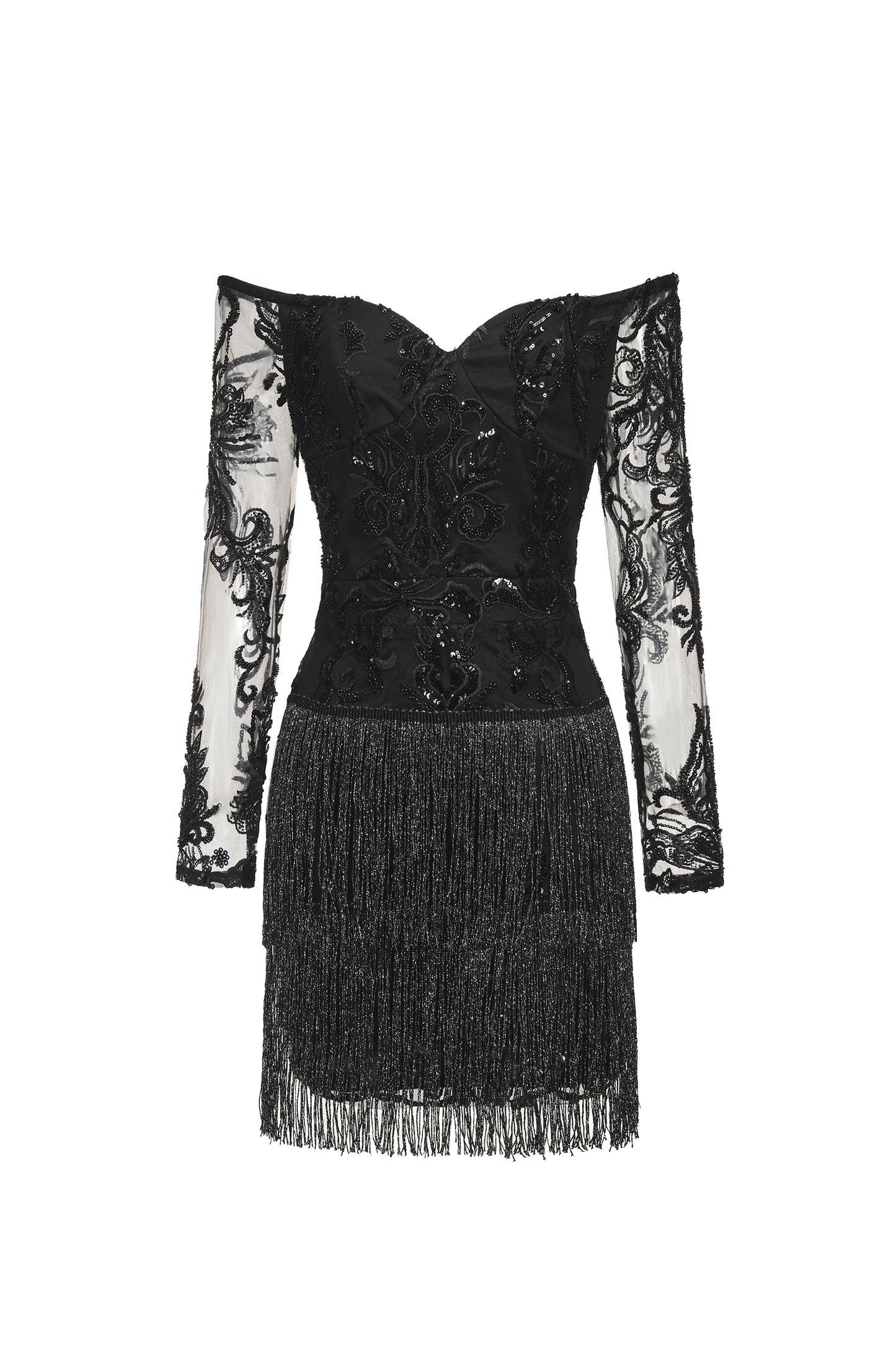 Vestido Mini Ludia com Renda, Paetês e Franja Ombro a Ombro