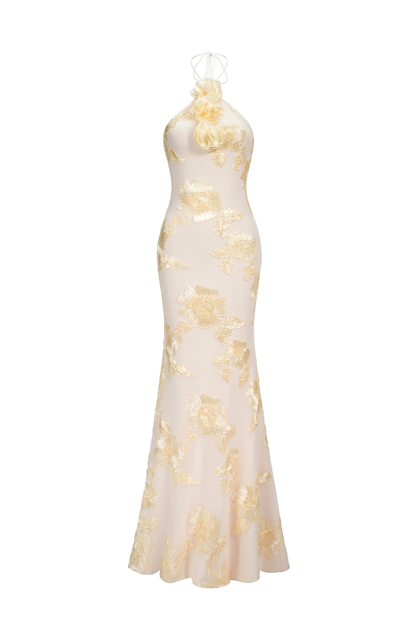 Vestido Maxi Griselda com Halter e Bordado Floral