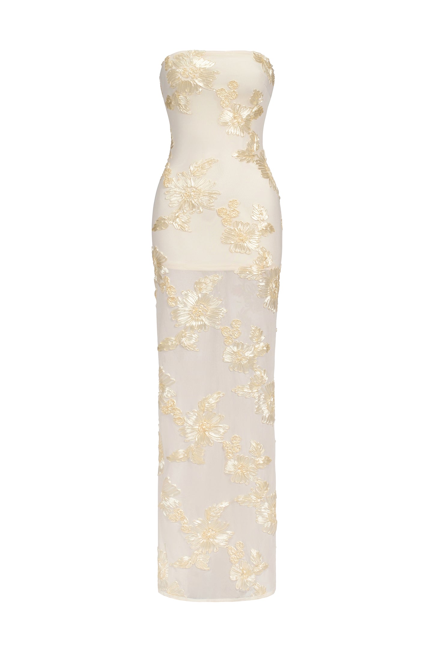 Vestido Maxi Deliyn com Bordado Floral e Mesh Sem Alças