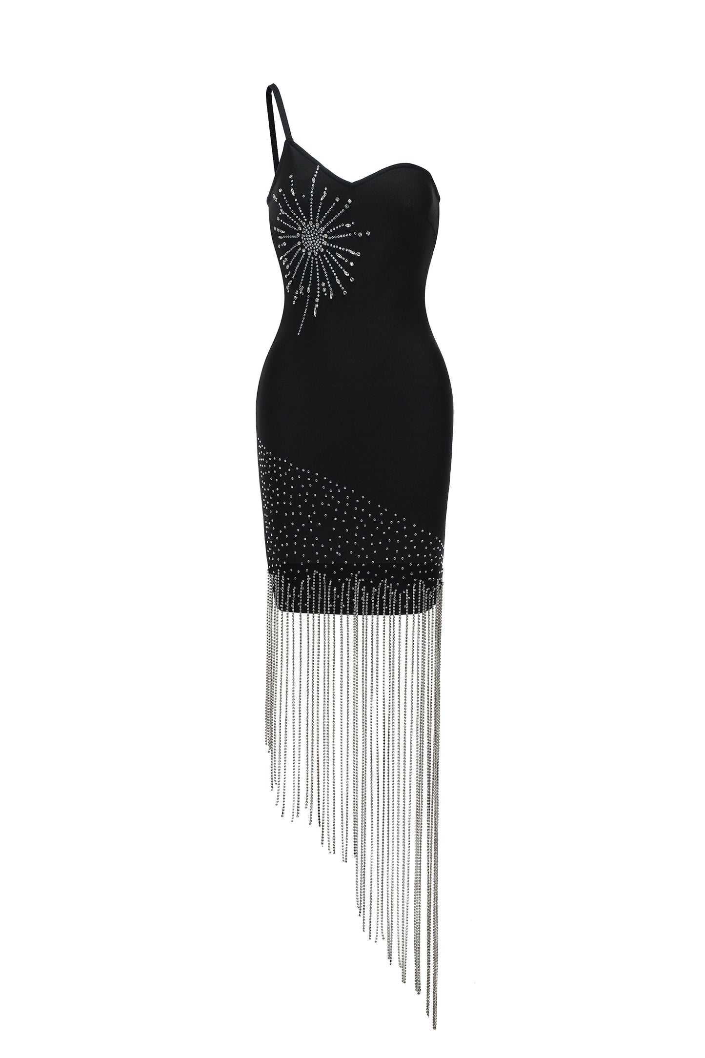 Vestido Midi Garina um Ombro Bandage com Detalhes Geométricos