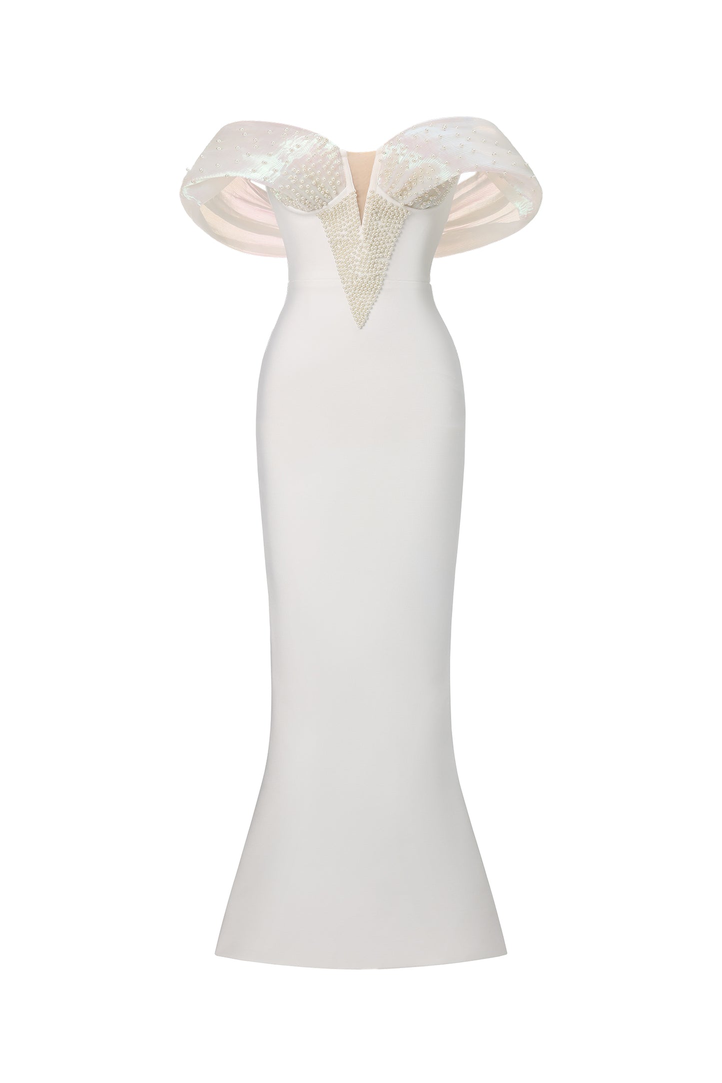 Vestido Maxi Sharina com Ombros à Mostra e Pérolas