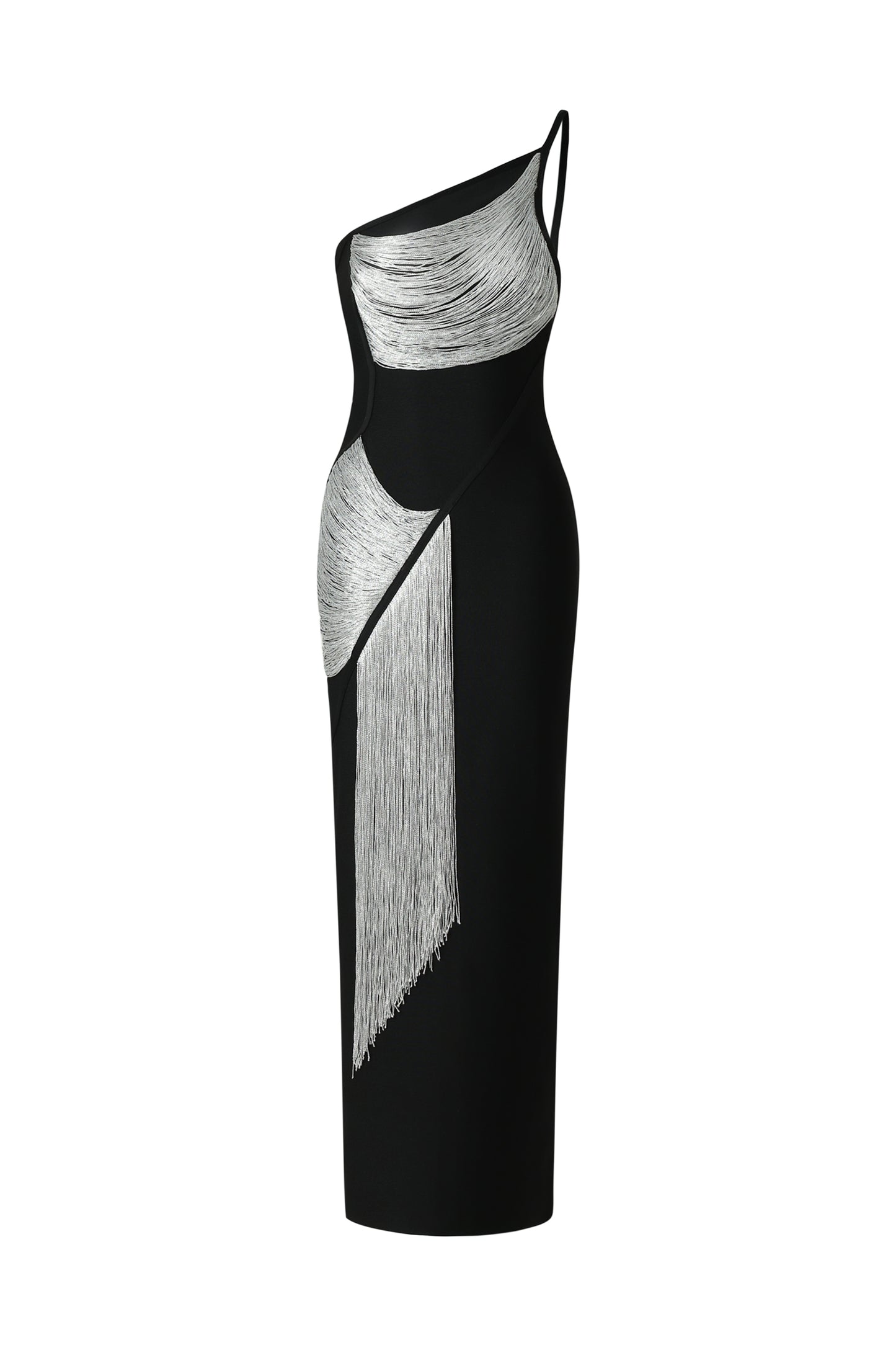 Vestido Maxi Roanna com Um Ombro e Franjas
