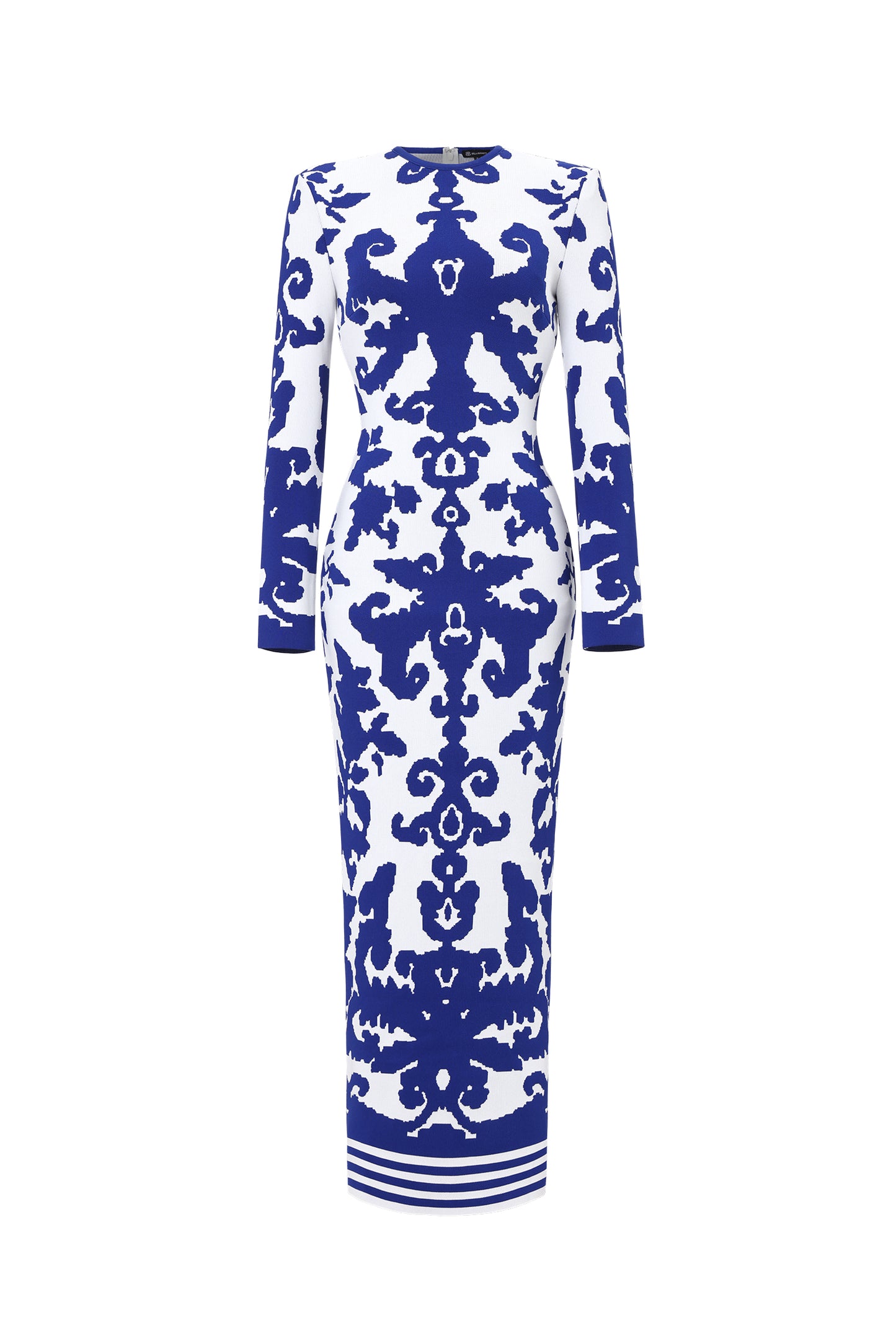 Vestido Maxi em Jacquard com Gola Redonda e Manga Longa
