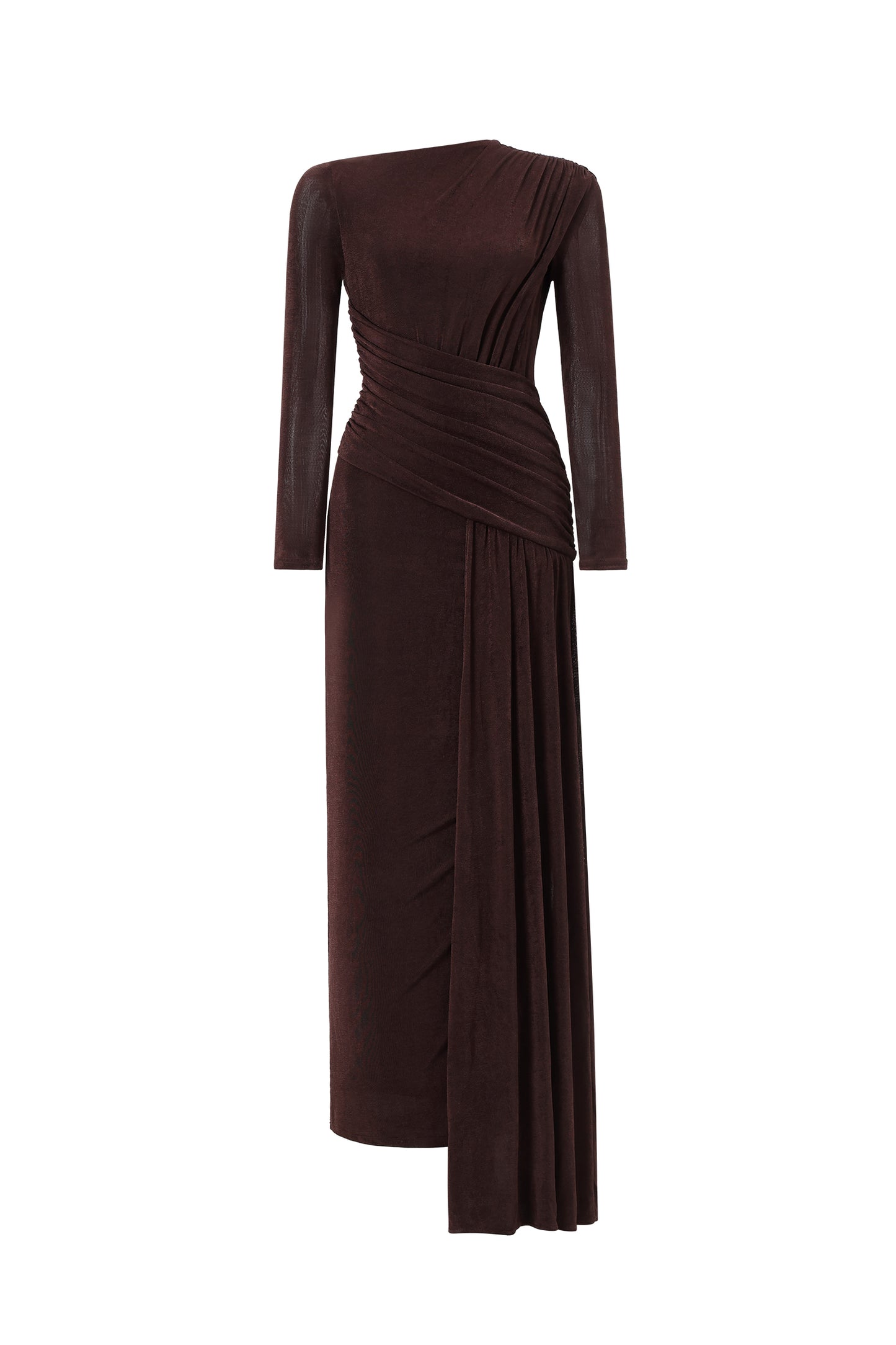 Vestido Maxi Skyler em Malha Marrom com Manga Longa e Fenda Alta