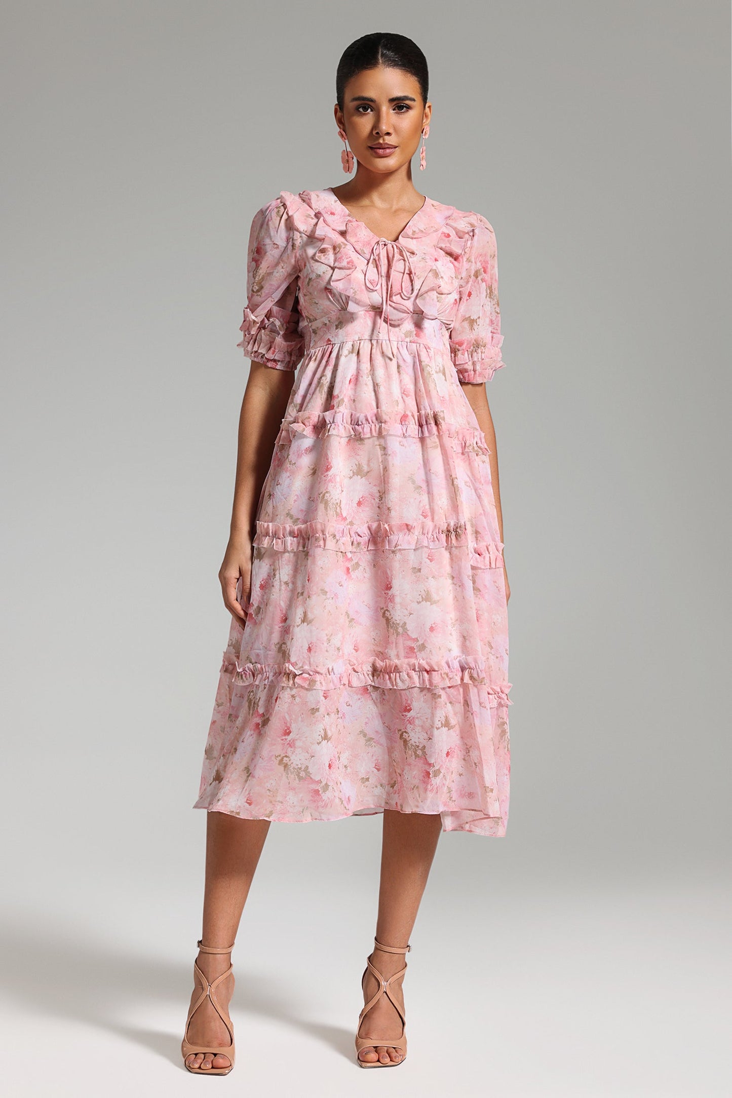 Vestido Midi Tanya com Mangas Bufantes e Floral
