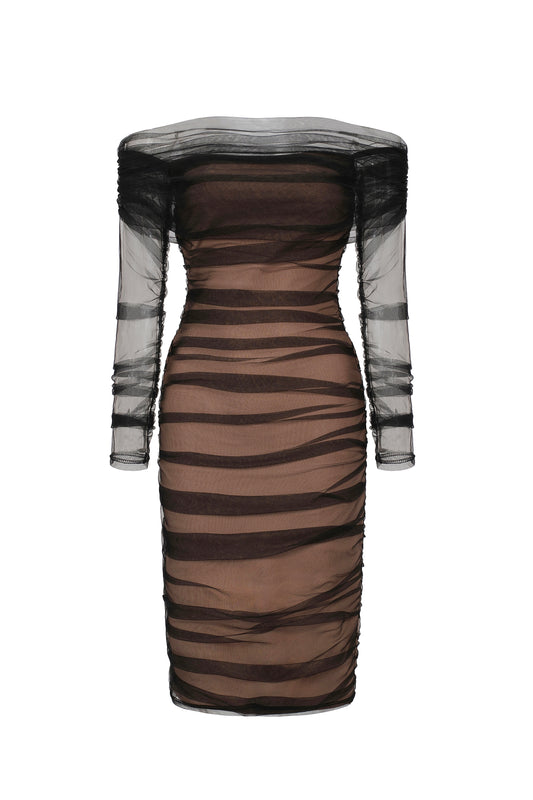Vestido Midi Rowena com Tule Drapeado - Preto