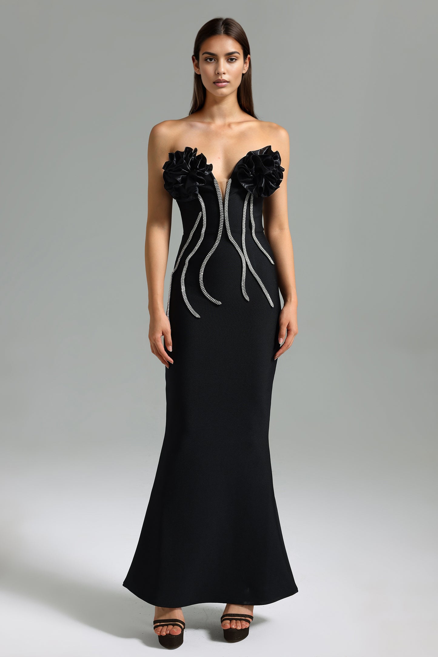 Midi Dress Vafa Ombro a Ombro com Aplicações Diamantadas