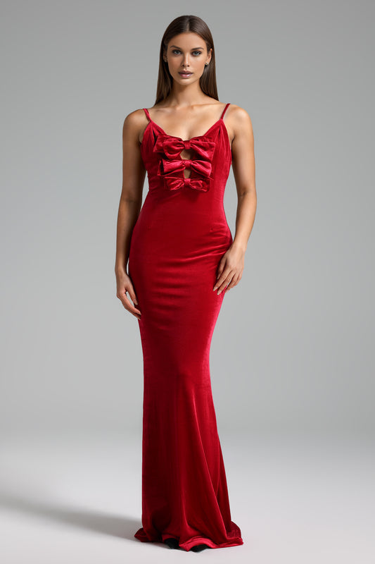 Vestido Maxi Elay Halter em Veludo com Laço