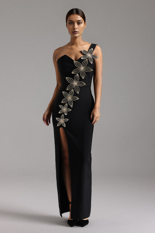 Vestido Longo Monroe Ombro Único com Estampa Floral e Recorte V