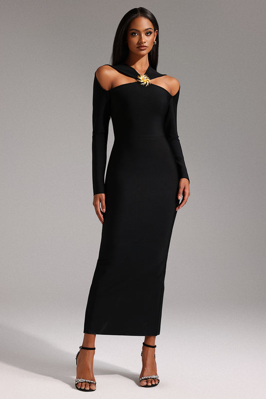 Vestido Maxi Lave com Manga Longa e Cut-Out