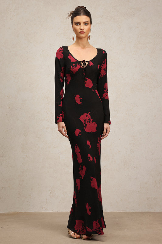 Vestido Maxi Monroe com Gola V e Manga Longa Estampada