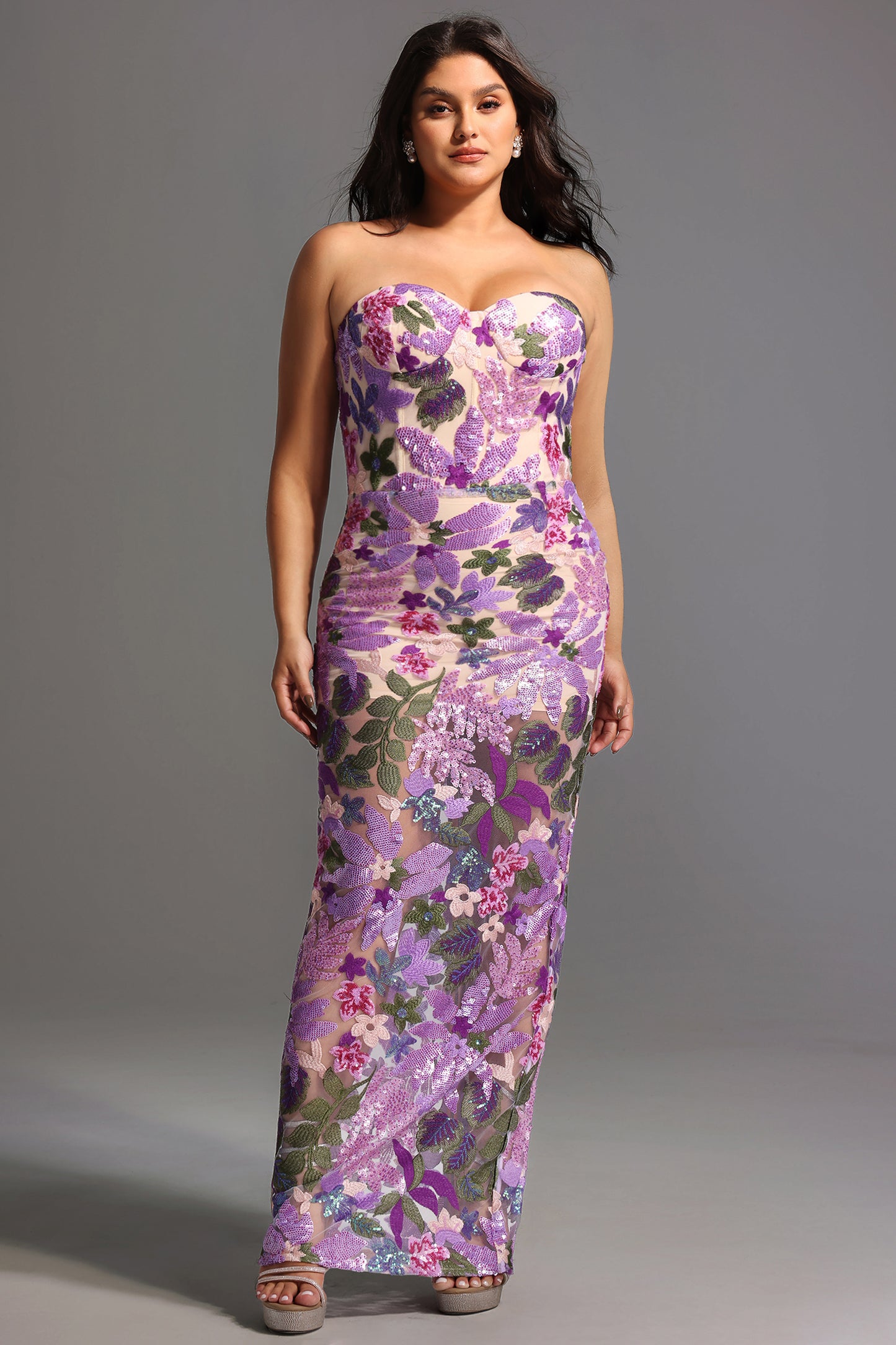 Eugenia Dress Flores Paetês Sem Alças Mesh