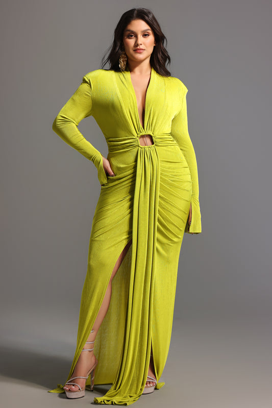 Vestido Maxi Naomi com Decote V e Mangas Longas