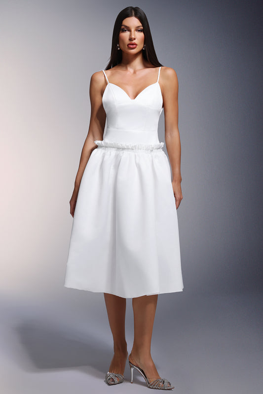 Vestido Midi Tutti com Decote Profundo e Babado