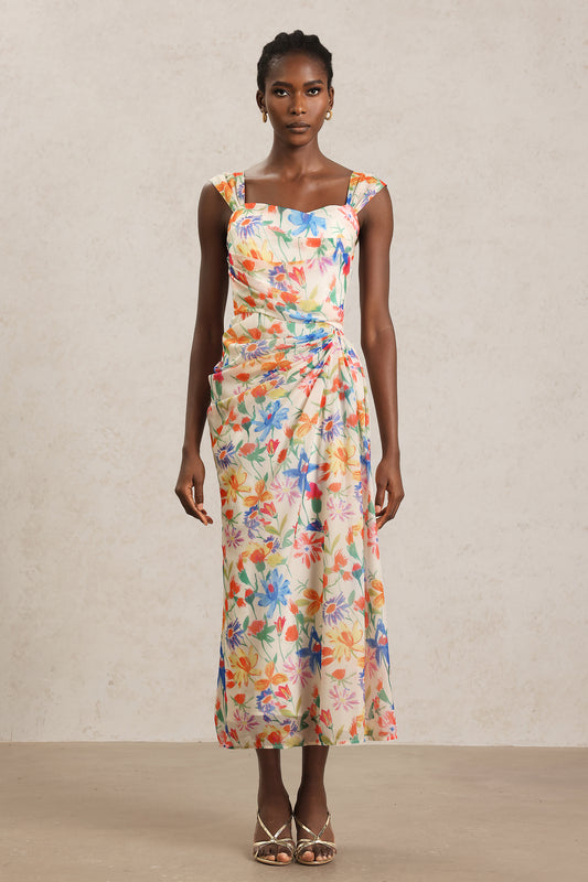Vestido Midi Soloma com Pregas e Estampa Floral