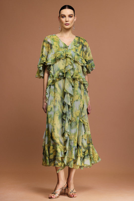 Vestido Maxi Kasai com Decote em V e Pregas Estampadas