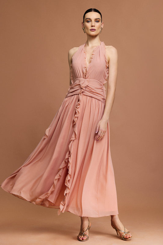 Vestido Pilisa com Decote em V e Pregas