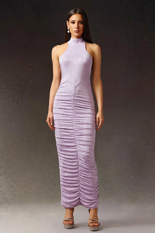 Vestido Kori Maxi Halter sem Mangas com Pregas em Diamante