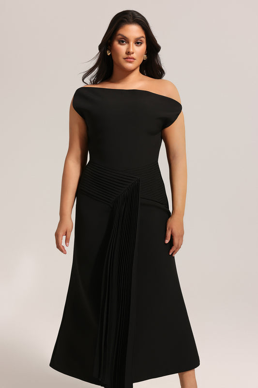 Vestido Midi Juny com Ombro Oblíquo e Pregas