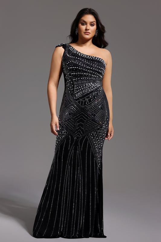 Vestido Maxi Ferina com Colarinho Assimétrico e Detalhes em Strass